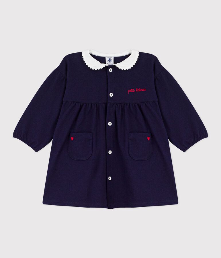 Robe b&eacute;b&eacute; en coton manches longues unie &agrave; col et d&eacute;tails brod&eacute;s bleu
