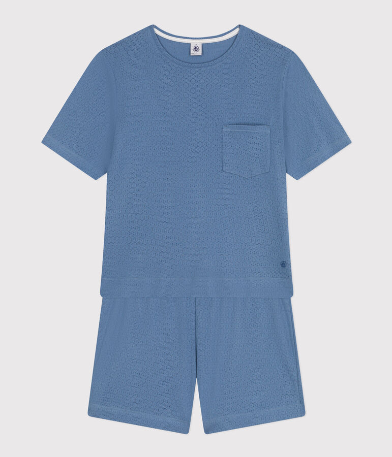 Pyjama short et tee-shirt uni en coton ajour&eacute; femme bleu