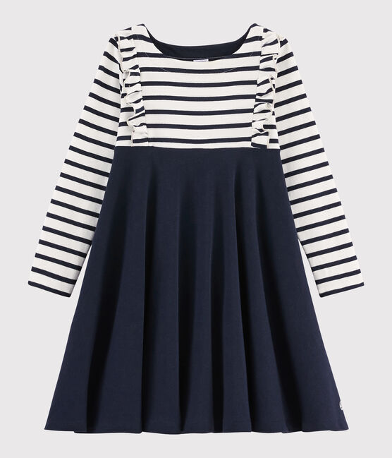 Meisjesjurk met lange mouwen kinderen wit MARSHMALLOW/blauw SMOKING
