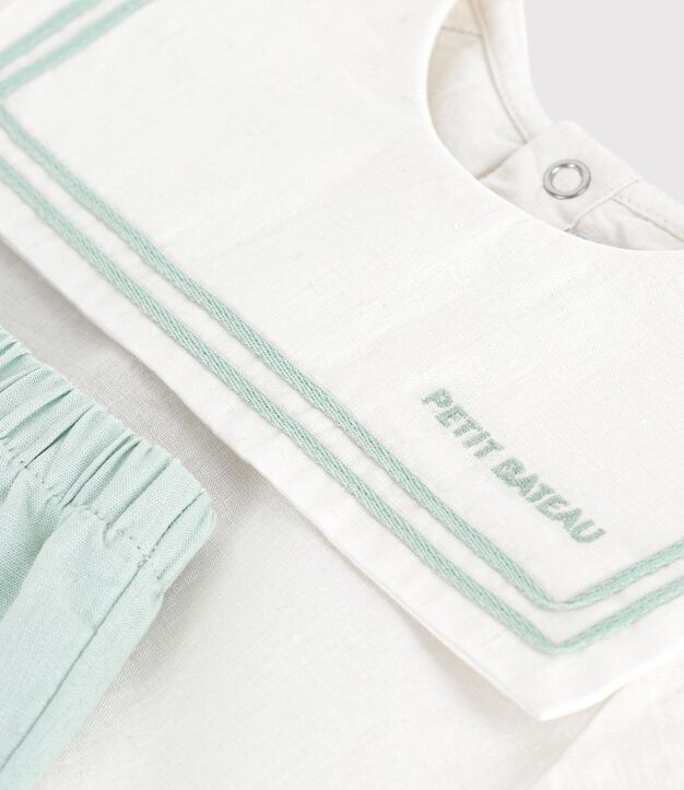 Tweedelig babysetje van katoen/linnen met bovenstukje met matrozenkraagje wit/blauw