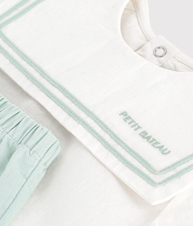 Ensemble b&eacute;b&eacute; 2 pi&egrave;ces en coton/lin, haut col marin blanc/bleu