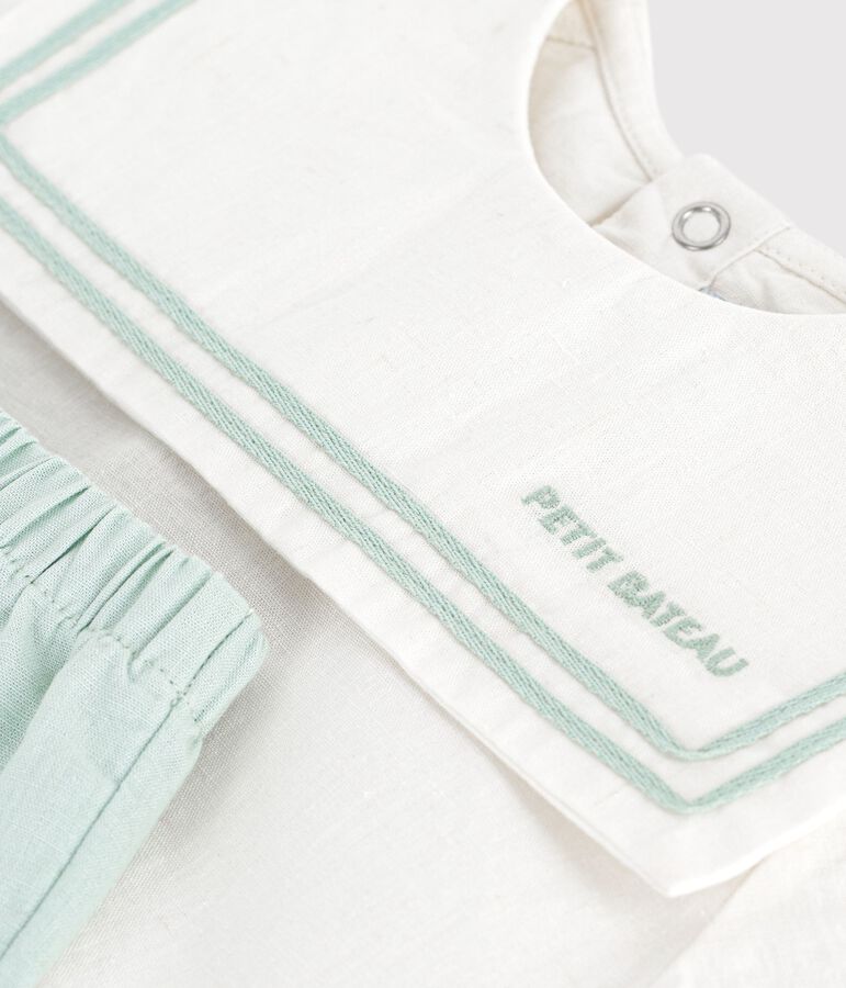 Tweedelig babysetje van katoen/linnen met bovenstukje met matrozenkraagje wit/blauw