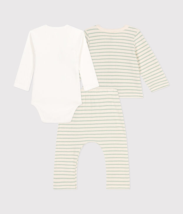 Ensemble 3 pi&egrave;ces en bouclette &eacute;ponge b&eacute;b&eacute; &eacute;cru/vert