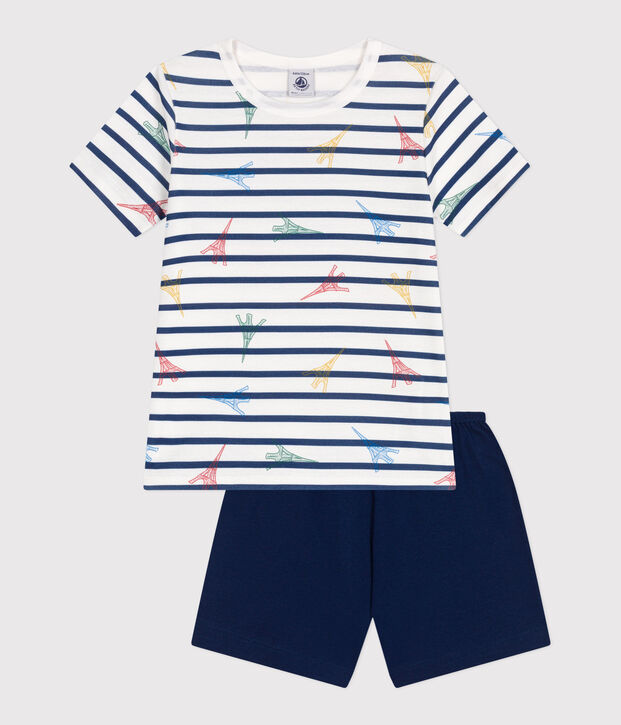 Pyjama short enfant en coton imprim&eacute; Paris bleu/multicouleur