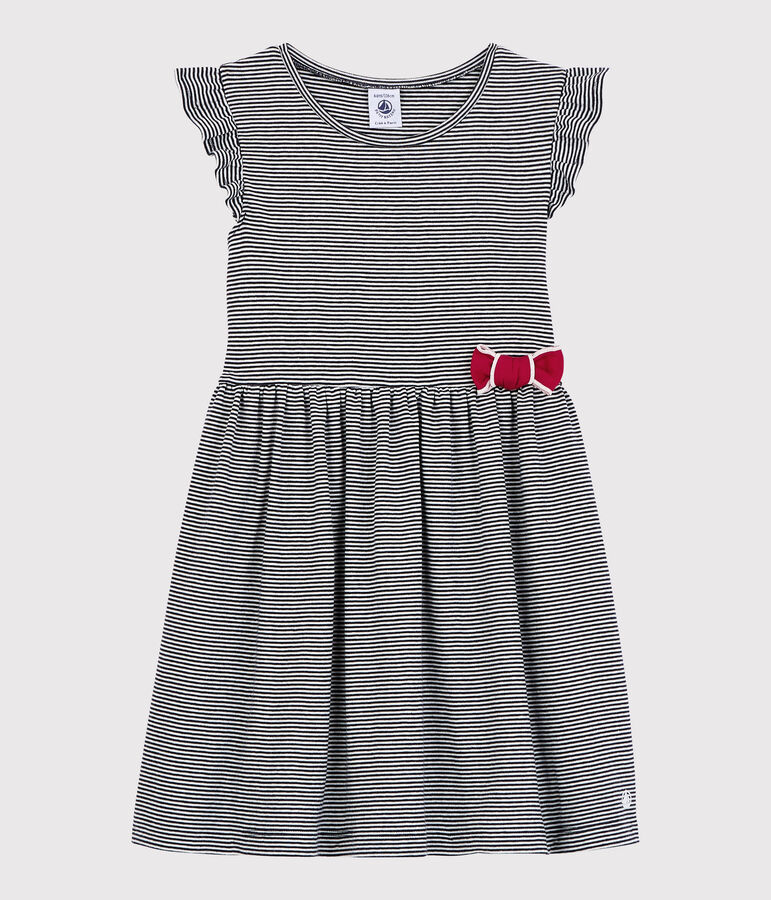 Robe manches courtes en coton enfant fille bleu/blanc