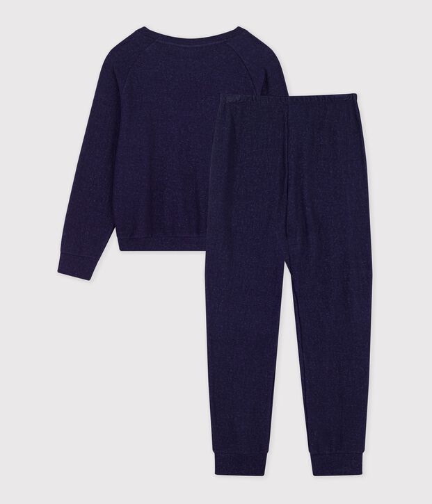 Pyjama femme en coton &eacute;ponge uni bleu marine