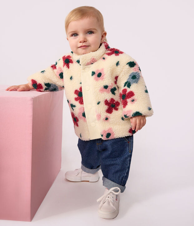 Babyjas met wattering van sherpa en bloemenprint ecru/multicouleur