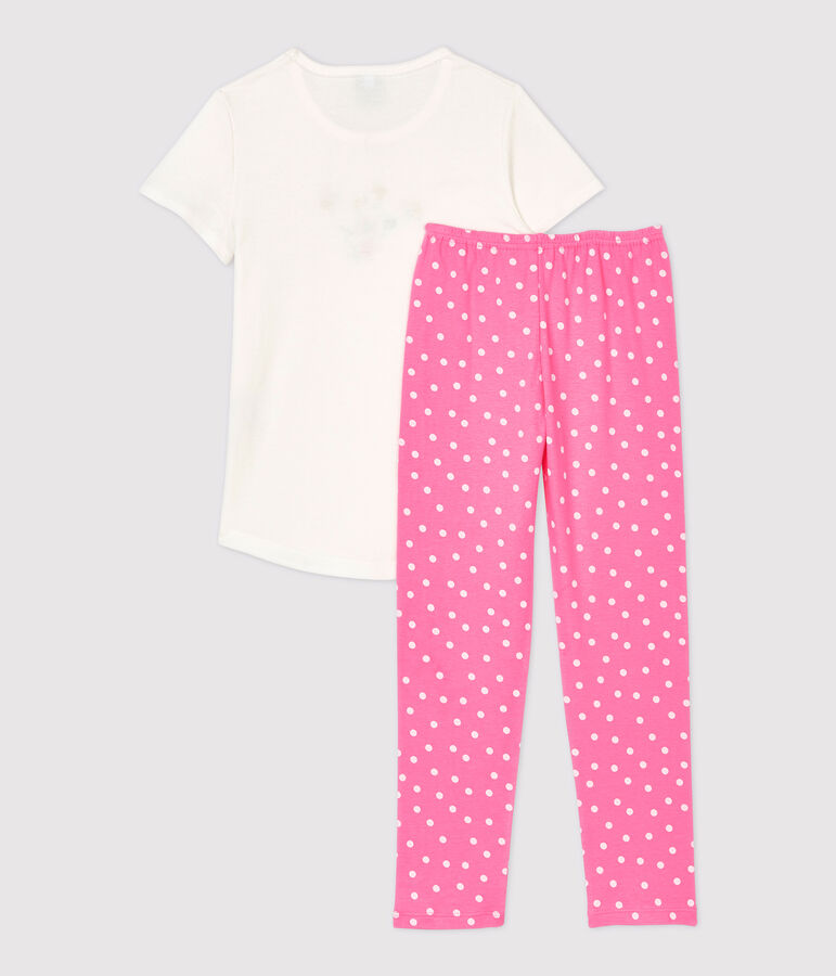 Pyjama &agrave; manches courtes petite fille en coton rose/blanc
