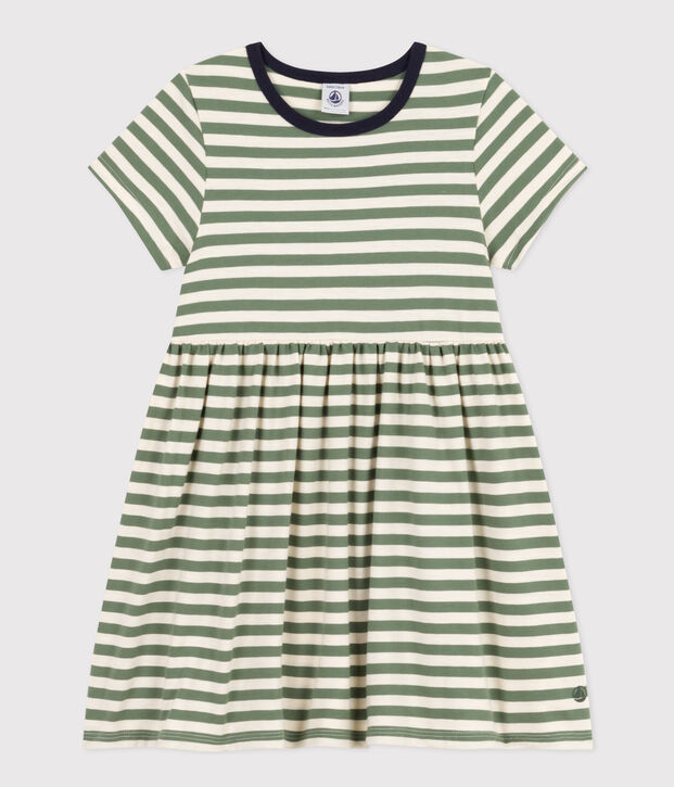 Robe ray&eacute;e manches courtes en coton enfant fille vert/&eacute;cru