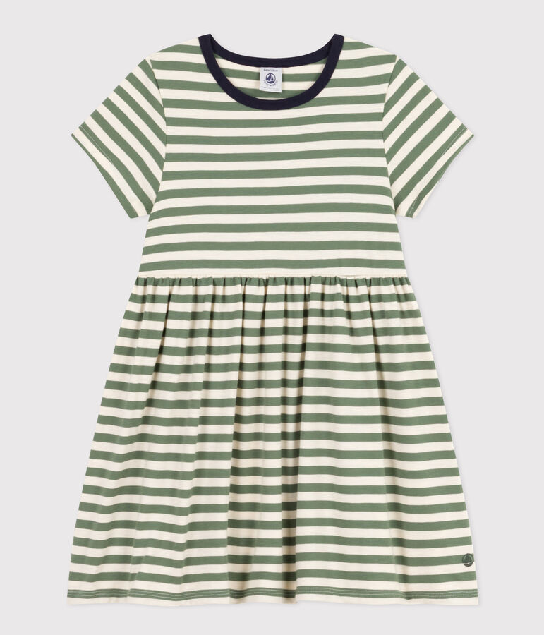 Robe ray&eacute;e manches courtes en coton enfant fille vert/&eacute;cru