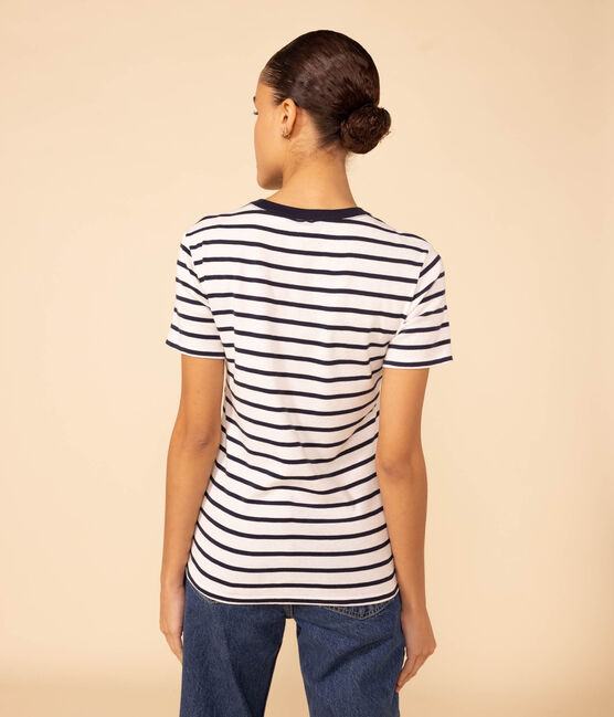 Tee-shirt L'ICONIQUE col rond en coton Femme blanc MARSHMALLOW/bleu SMOKING