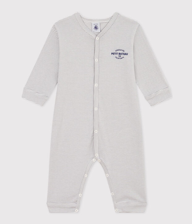 Pyjama b&eacute;b&eacute; sans pieds milleraies en coton gris/blanc