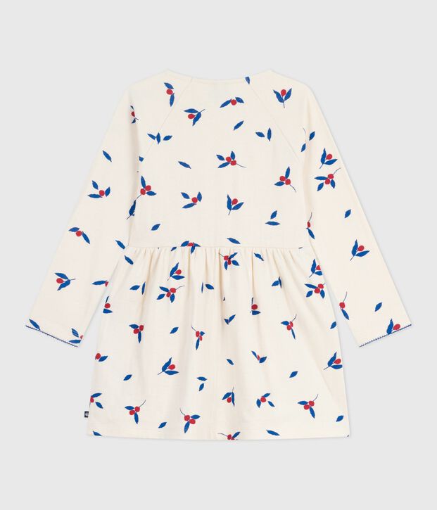 Meisjesjurk met lange mouwen in katoen ecru/multicouleur