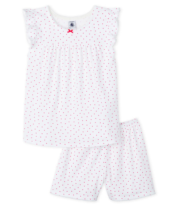 Korte meisjespyjama van ribtricot met roze hart wit/roze