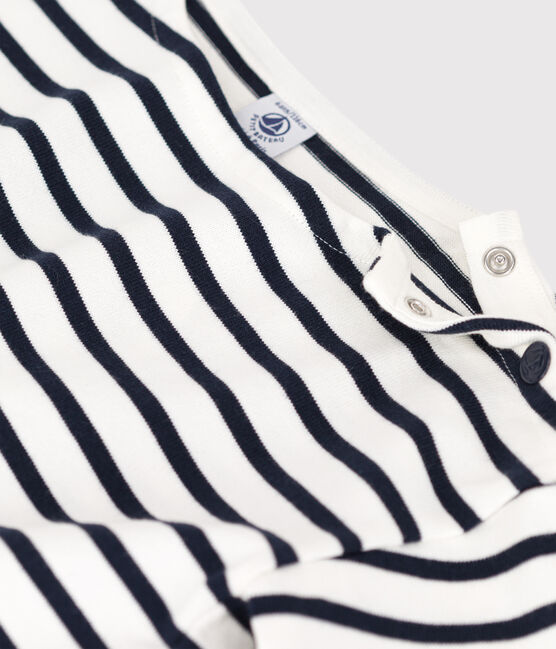 Gestreept katoenen T-shirt met korte mouwen voor meisjes wit MARSHMALLOW/blauw SMOKING