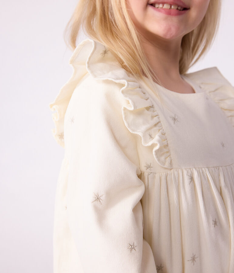 Kinderjurk met lange mouwen in effen velours ecru/grijs