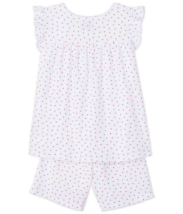 Korte meisjespyjama van ribtricot met roze hart wit/roze