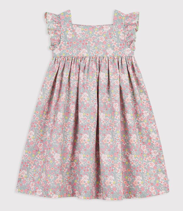 Robe sans manches enfant en coton imprim&eacute;e fleurs bleu/multicouleur
