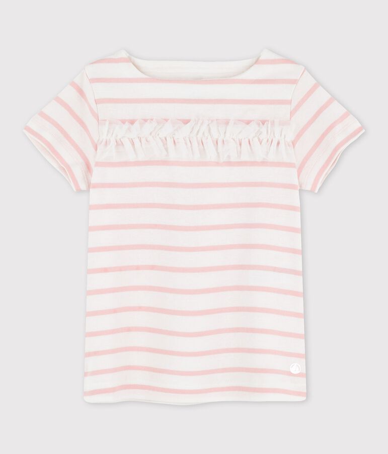 Tee-shirt manches courtes en coton enfant fille blanc/rose