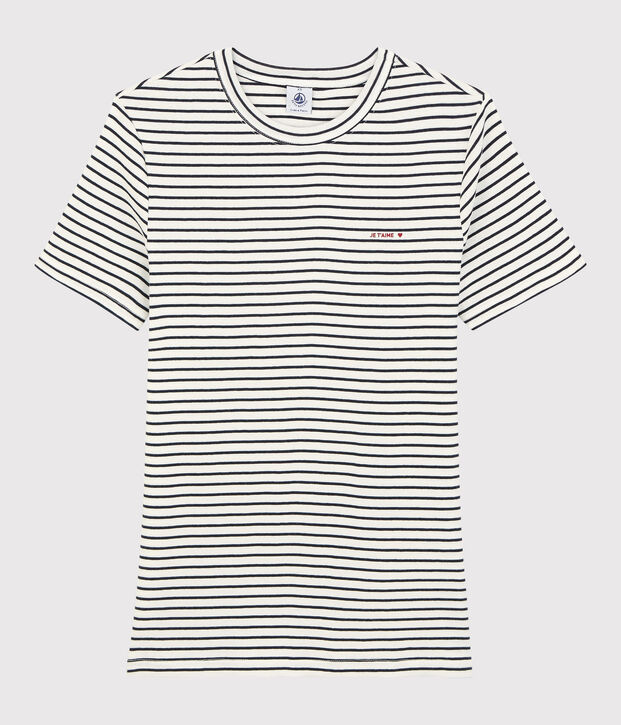 Gestreept katoenen T-shirt voor dames Je t'aime wit/blauw