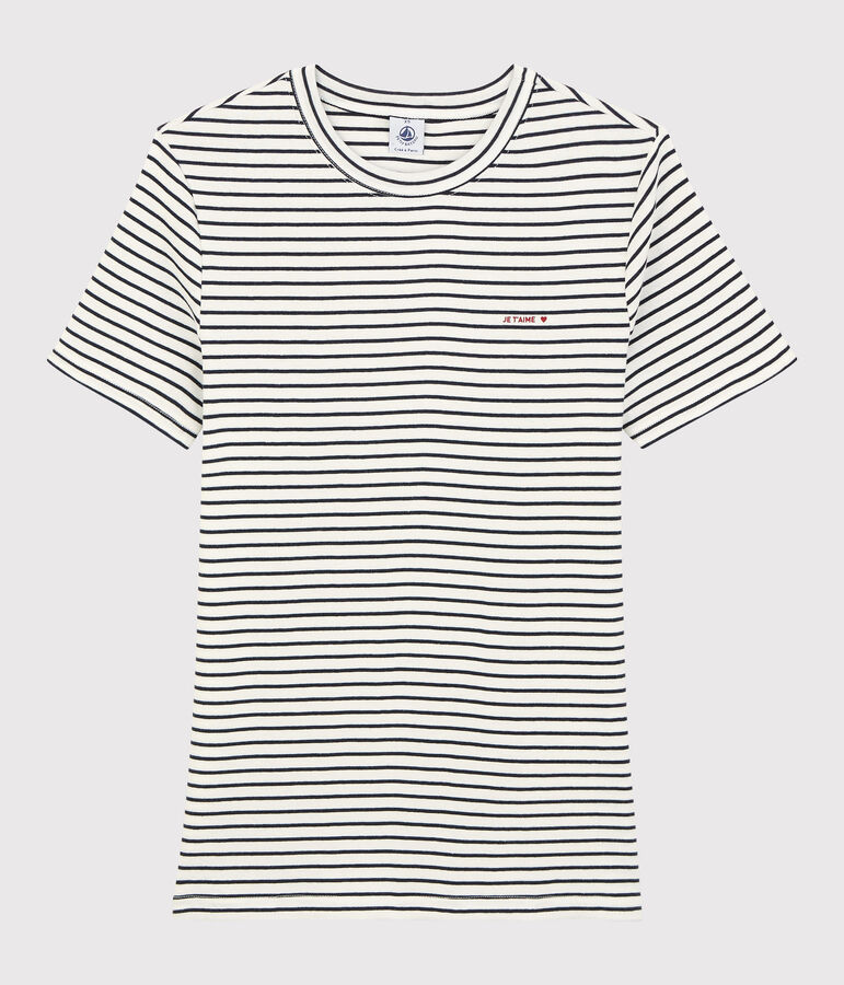 T-shirt en coton ray&eacute; Je t'aime Femme blanc/bleu