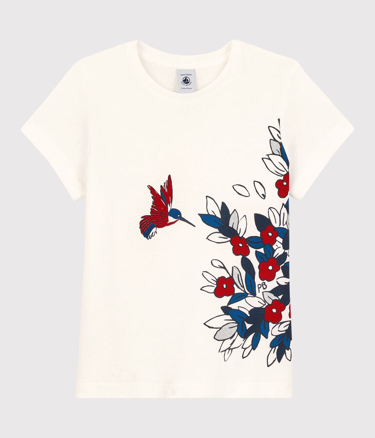 Tee-shirt manches courtes en coton enfant fille blanc MARSHMALLOW/rouge TERKUIT