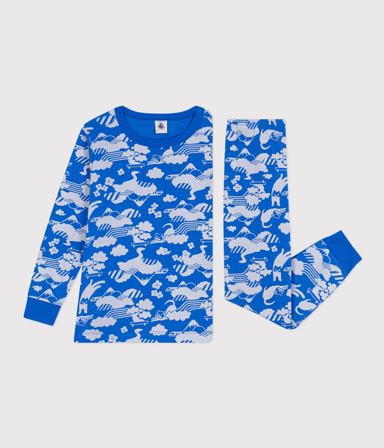 Katoenen kinderpyjama met print blauw/wit