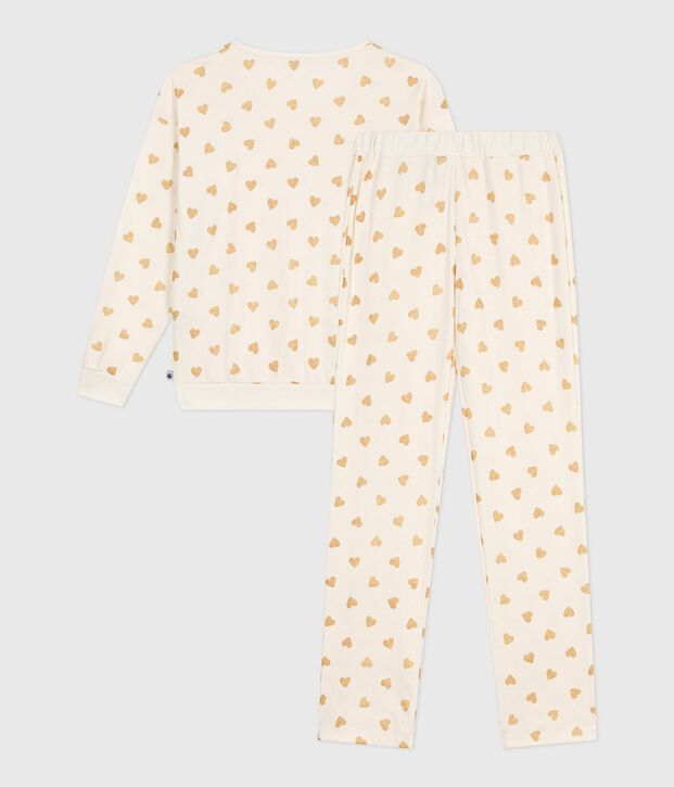 Pyjama femme en coton imprim&eacute; c&oelig;urs dor&eacute;s &eacute;cru/jaune