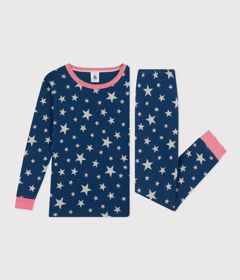 Aansluitende katoenen pyjama met lichtgevende sterretjesprint voor kinderen blauw/wit