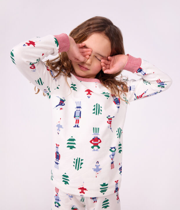 Pyjama enfant en molleton imprim&eacute; No&euml;l blanc/multicouleur