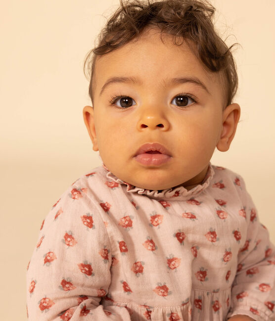 Jurk met lange mouwen van luchtig katoen voor baby's roze SALINE/wit MULTICO