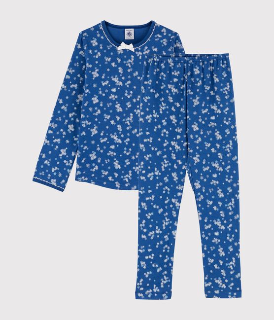Pyjama petite fille imprimé flocons en côte bleu MAJOR/blanc ECUME