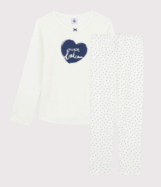 Meisjespyjama van ribtricot met minihartjes wit MARSHMALLOW/blauw MEDIEVAL