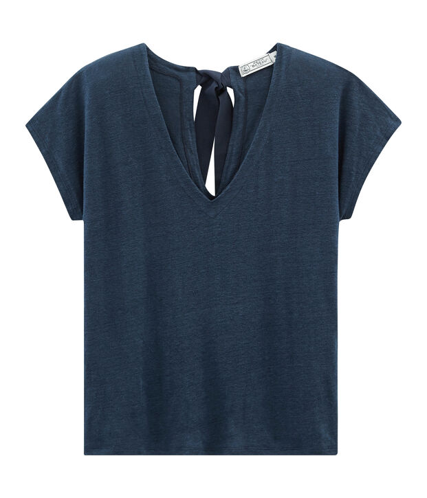Dames-t-shirt met korte mouwen in linnen blauw