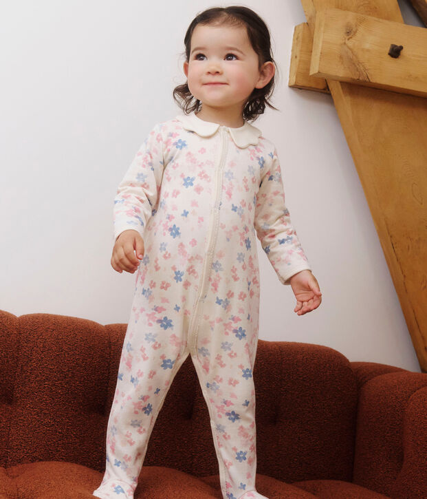 Babypyjama van geruwde fleece met bloemetjesbedrukking op de kraag ecru/multicouleur