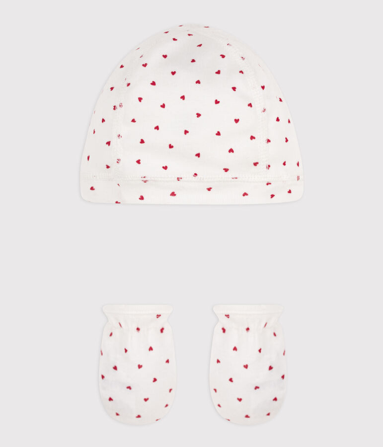 Lot bonnet et mouffles c&oelig;urs en coton multicouleur