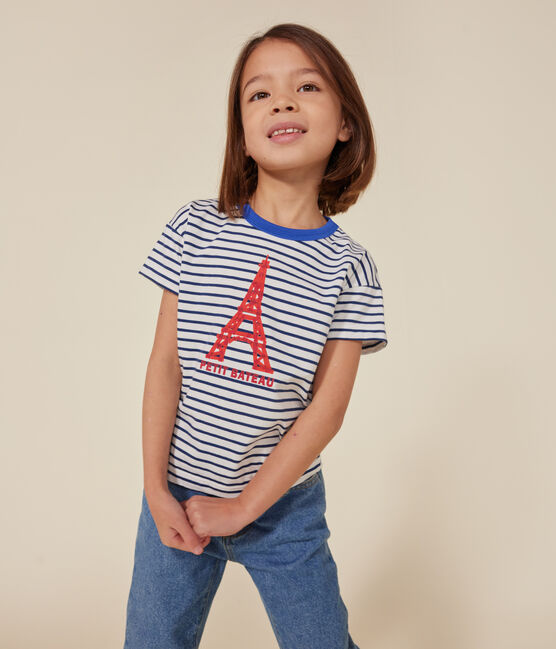 Tee-shirt manches courtes en jersey enfant blanc MARSHMALLOW/bleu MEDIEVAL