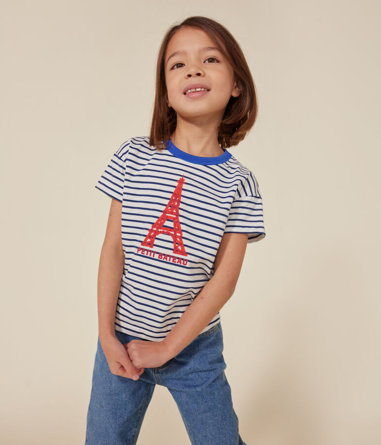 T-shirt met korte mouw van jersey voor kinderen wit/blauw
