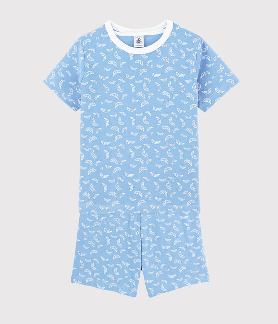 Pyjacourt imprimé bananes petit garçon-petite fille en coton bleu EDNA/blanc MARSHMALLOW
