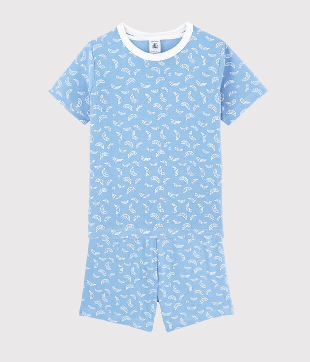 Katoenen pyjacourt met bananenprint voor kleine jongen-meisje blauw/wit