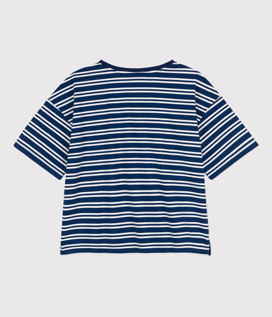 LE BOXY, T-shirt voor dames in katoen  blauw MEDIEVAL/wit MARSHMALLOW
