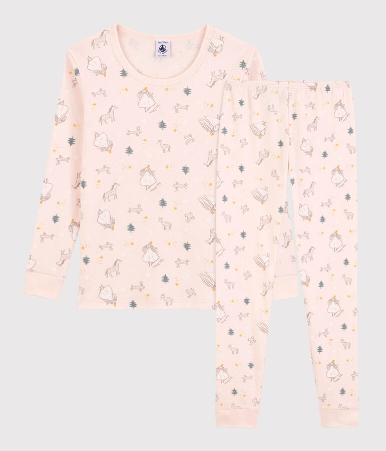 Katoenen snugfit meisjespyjama met prinsessenprint roze FLEUR/wit MULTICO