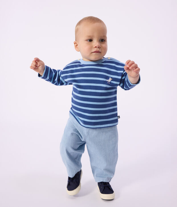 Katoenen babytruitje met matrozenstreepje en meeuwbadge blauw/blauw
