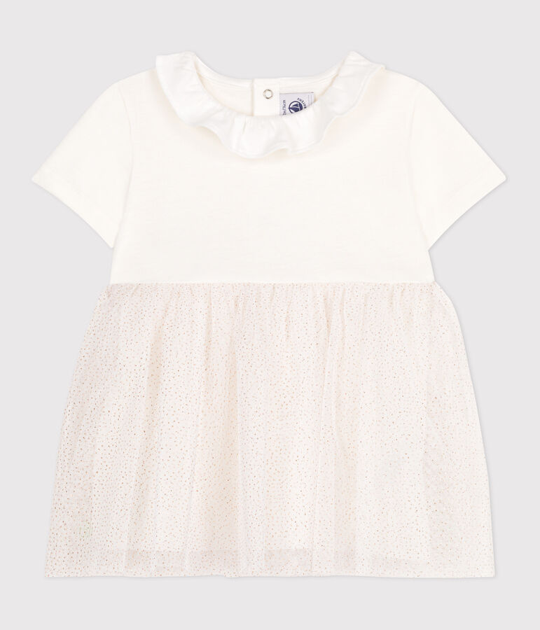 Robe b&eacute;b&eacute; en coton et tulle manches courtes et colerette blanc/rose
