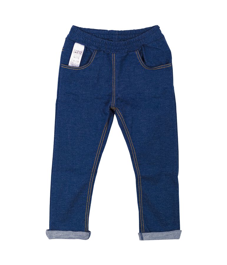 Pantalon b&eacute;b&eacute; mixte en maille denim bleu/beige