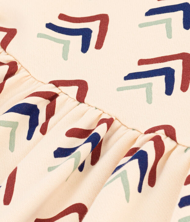 Meisjesjurk met lange mouwen in fleece met print ecru/blauw/multicouleur