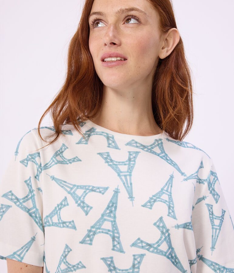 Korte katoenen damespyjama met Eiffeltorenprint wit/multicouleur
