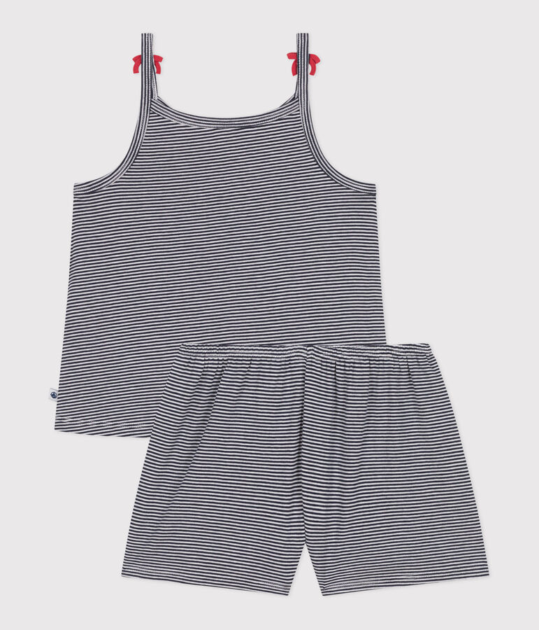 Korte, gestreepte pyjama met bandjes van katoen voor kinderen blauw/wit