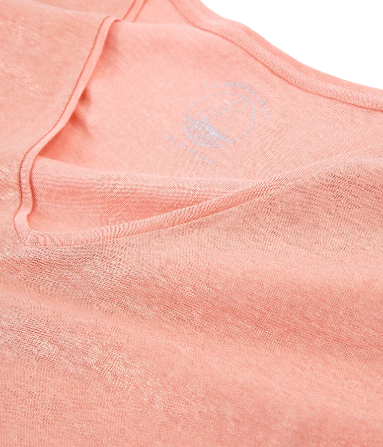 Tee-shirt manches courtes uni femme en lin iris&eacute; rose/rose