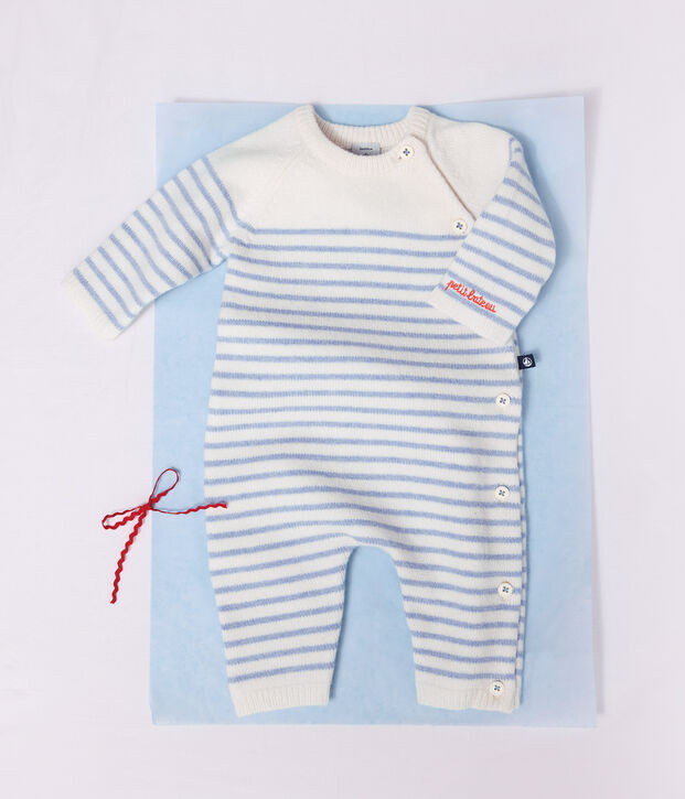 Gestreept babypakje in breiwerk van wol en katoen blauw/blauw